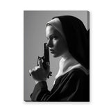 Nun Portrait Surreal Wall Decor – Dramatic Black-and-White Gun Print