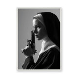 Nun Portrait Surreal Wall Decor – Dramatic Black-and-White Gun Print