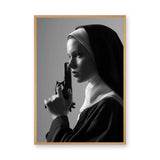 Nun Portrait Surreal Wall Decor – Dramatic Black-and-White Gun Print