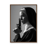 Nun Portrait Surreal Wall Decor – Dramatic Black-and-White Gun Print