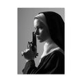 Nun Portrait Surreal Wall Decor – Dramatic Black-and-White Gun Print