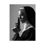 Nun Portrait Surreal Wall Decor – Dramatic Black-and-White Gun Print