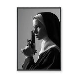 Nun Portrait Surreal Wall Decor – Dramatic Black-and-White Gun Print