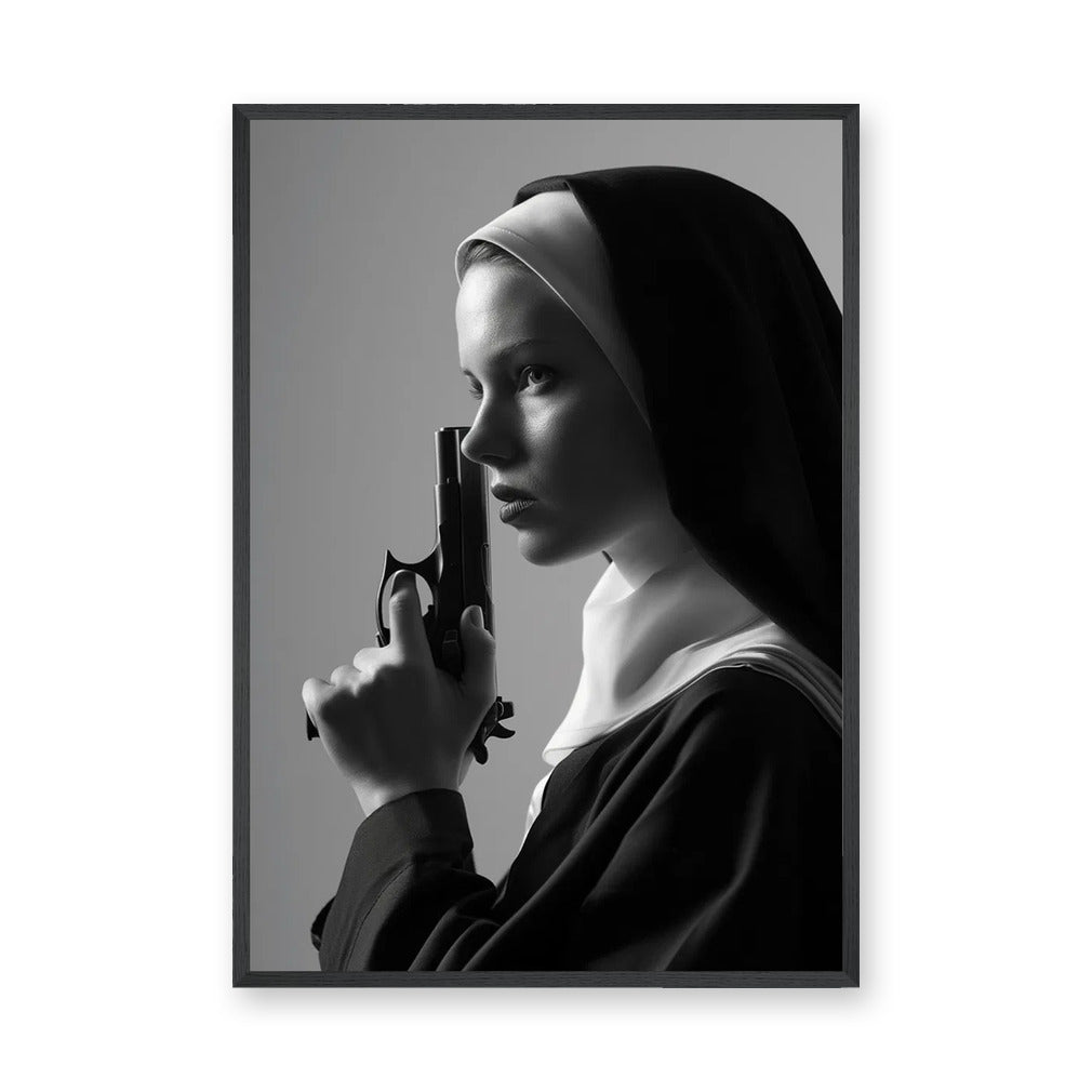 Nun Portrait Surreal Wall Decor – Dramatic Black-and-White Gun Print