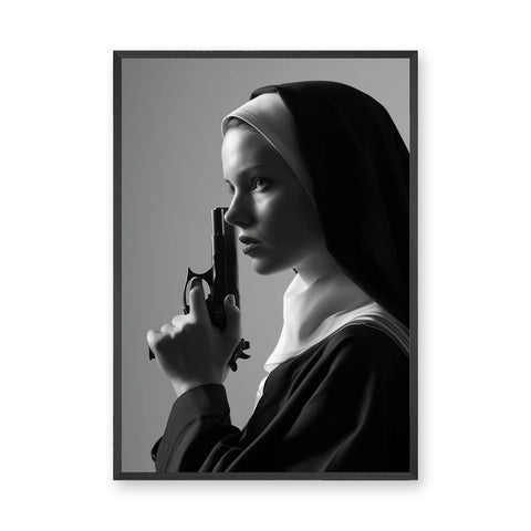 Nun Portrait Surreal Wall Decor – Dramatic Black-and-White Gun Print