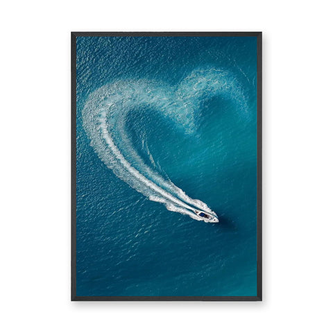 Ocean Speedboat Coastal Wall Decor – Heart Wake Aerial Ocean Photograph