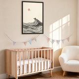 Ocean Wave Minimalist Line Art Wall Art Poster – Boat and Pink Sun Coastal Print
