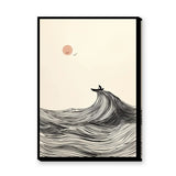 Ocean Wave Minimalist Line Art Wall Art Poster – Boat and Pink Sun Coastal Print