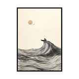 Ocean Wave Minimalist Line Art Wall Art Poster – Boat and Pink Sun Coastal Print