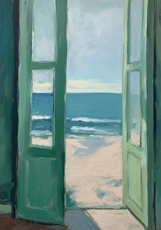 Open Beach Doors Coastal Wall Art Poster – Green Doors to Ocean View