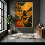 Ornate Bee Art Deco Wall Decor – Black Gold Insect with Teal Swirls