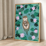 Otter Lily Pond Kids Wall Decor – Mother and Baby Among Flowers