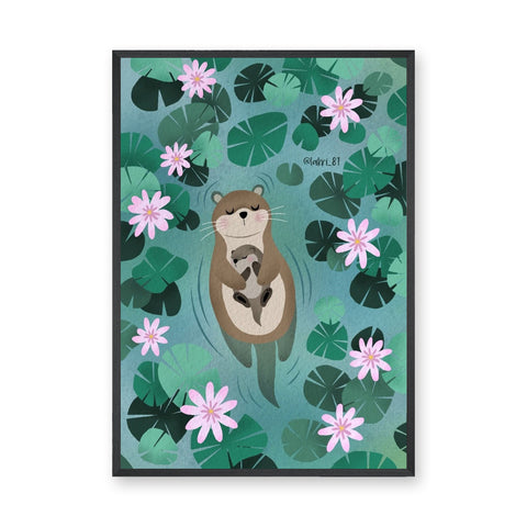 Otter Lily Pond Kids Wall Decor – Mother and Baby Among Flowers