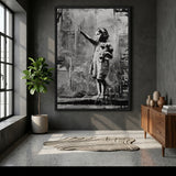 Peace Sign Girl Modern Wall Decor – Black and White Teddy Bear Portrait
