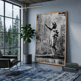 Peace Sign Girl Modern Wall Decor – Black and White Teddy Bear Portrait