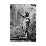 Peace Sign Girl Modern Wall Decor – Black and White Teddy Bear Portrait