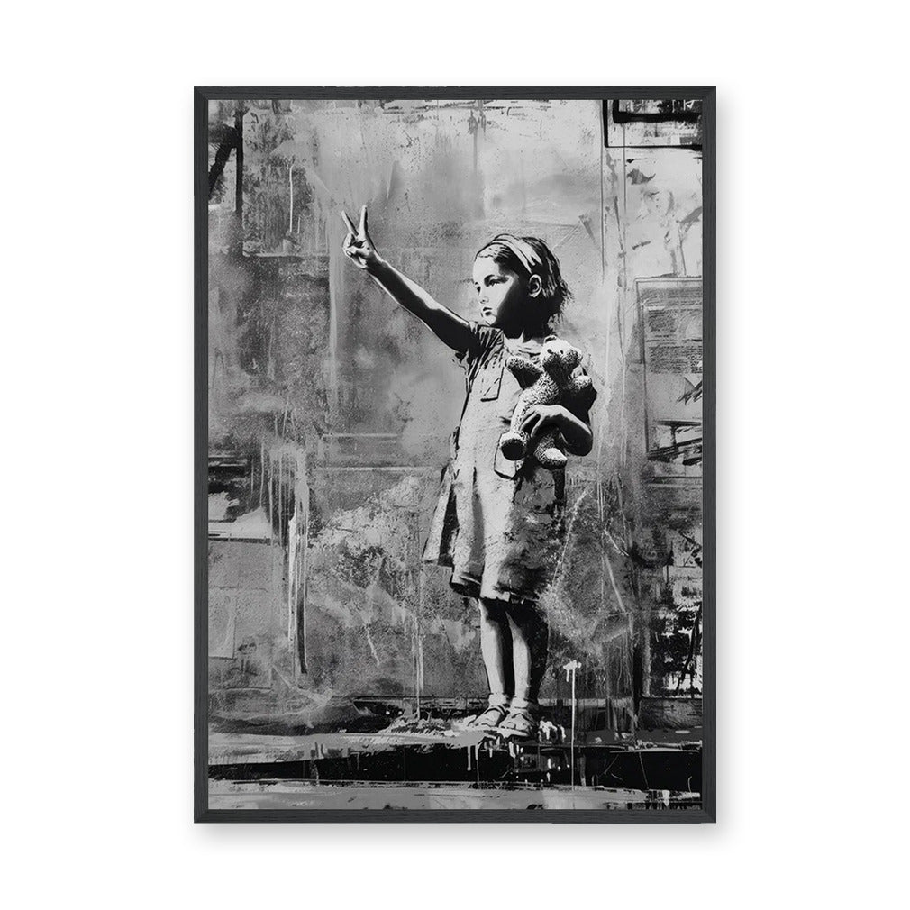 Peace Sign Girl Modern Wall Decor – Black and White Teddy Bear Portrait