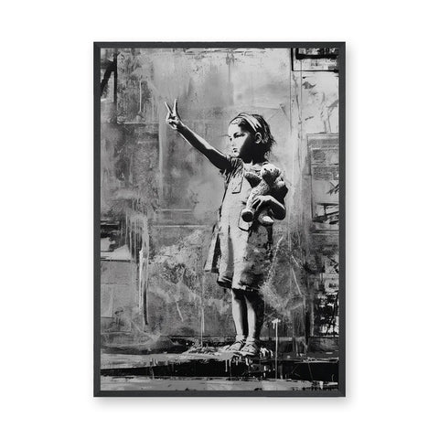 Peace Sign Girl Modern Wall Decor – Black and White Teddy Bear Portrait