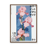 Pink Iris Modern Botanical Wall Decor – Blue Japanese Typography Print