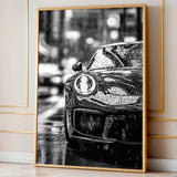 Porsche 911 Modern Wall Art Print – Black and White Rainy City Street