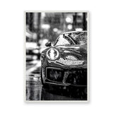 Porsche 911 Modern Wall Art Print – Black and White Rainy City Street