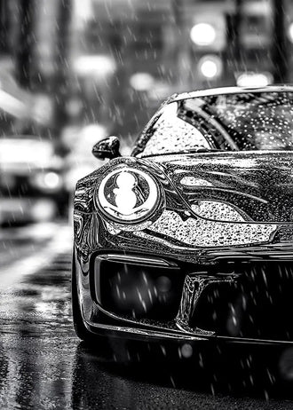Porsche 911 Modern Wall Art Print – Black and White Rainy City Street