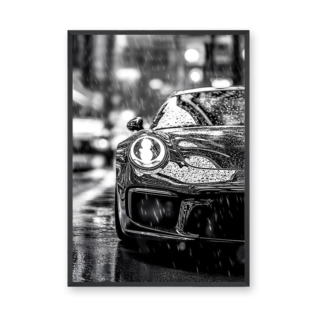 Porsche 911 Modern Wall Art Print – Black and White Rainy City Street
