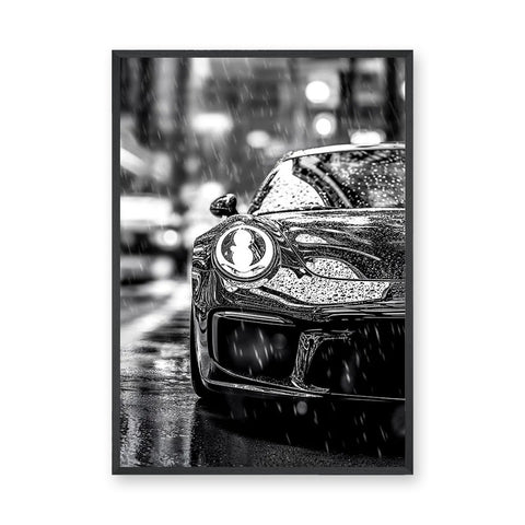 Porsche 911 Modern Wall Art Print – Black and White Rainy City Street