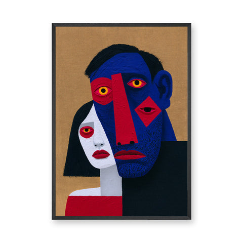 Portrait Abstract Cubist Wall Art Print – Bold Overlapping Couple Faces