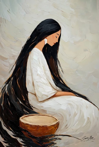 Portrait Boho Wall Decor – Seated Woman With Long Black Hair