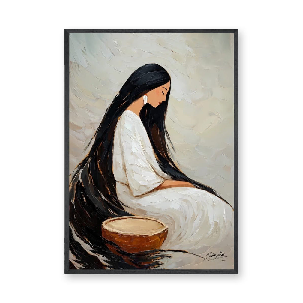 Portrait Boho Wall Decor – Seated Woman With Long Black Hair