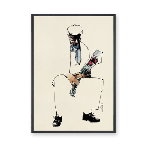 Portrait Line Art Wall Decor – Seated Man Holding Bouquet Sketch