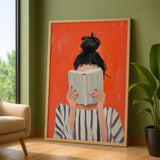 Portrait Modern Abstract Wall Art Print – Woman Reading Book in Orange