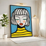 Portrait Modern Line-Art Wall Art Poster – Girl in Stripes on Blue
