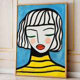 Portrait Modern Line-Art Wall Art Poster – Girl in Stripes on Blue