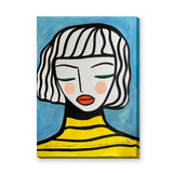 Portrait Modern Line-Art Wall Art Poster – Girl in Stripes on Blue