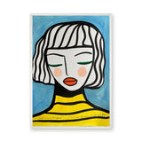 Portrait Modern Line-Art Wall Art Poster – Girl in Stripes on Blue