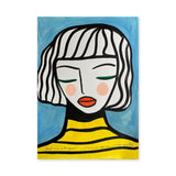 Portrait Modern Line-Art Wall Art Poster – Girl in Stripes on Blue