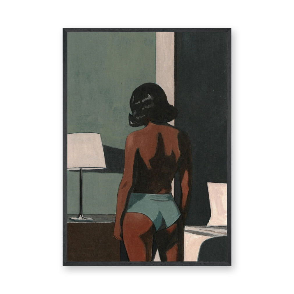 Portrait Modern Minimalist Wall Art Print – Moody Woman Bedroom Scene