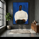 Portrait Modern Wall Decor – Man in White Sweater on Deep Blue