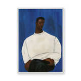 Portrait Modern Wall Decor – Man in White Sweater on Deep Blue
