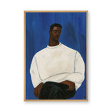 Portrait Modern Wall Decor – Man in White Sweater on Deep Blue