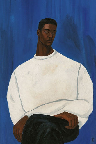 Portrait Modern Wall Decor – Man in White Sweater on Deep Blue