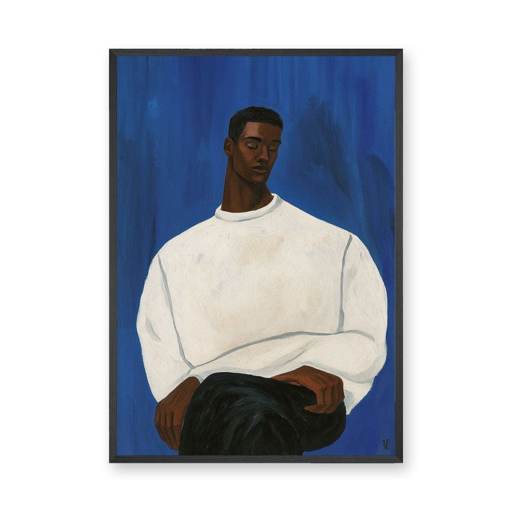Portrait Modern Wall Decor – Man in White Sweater on Deep Blue