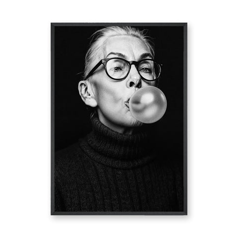 Portrait Photography Modern Wall Art Poster – Black and White Bubble Gum Woman