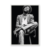 Portrait Photography Modern Wall Art Poster – Black and White Seated Hat Figure