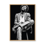 Portrait Photography Modern Wall Art Poster – Black and White Seated Hat Figure