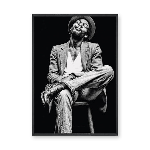 Portrait Photography Modern Wall Art Poster – Black and White Seated Hat Figure