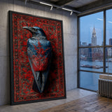 Raven Botanical Eclectic Wall Art Poster – Blue-Black Bird on Ornate Red