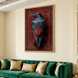 Raven Botanical Eclectic Wall Art Poster – Blue-Black Bird on Ornate Red
